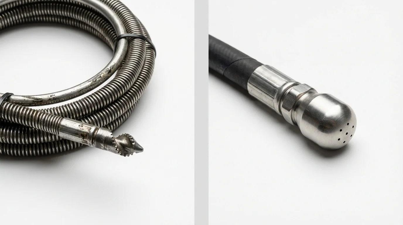 Drain snake cable and hydro jetting nozzle used for drain cleaning in Peosta, IA