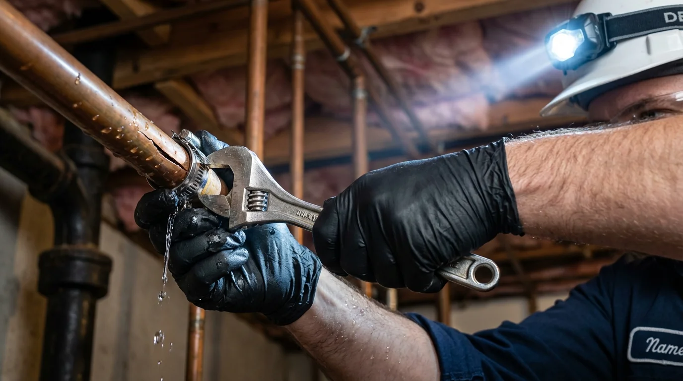 Emergency pipe clamp repair being performed by a Johns Plumbing LLC plumber in Peosta