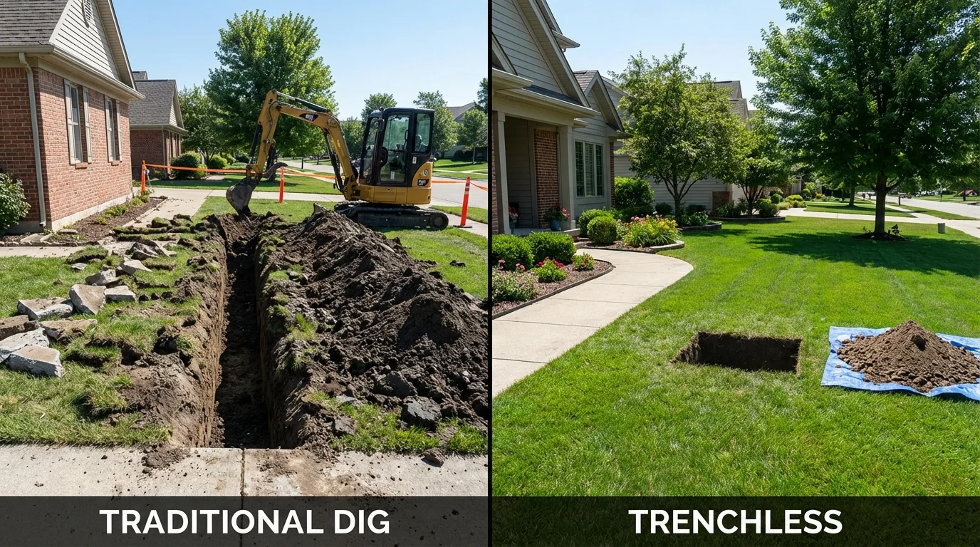 Trenchless sewer repair with minimal yard damage versus traditional excavation in Peosta, IA